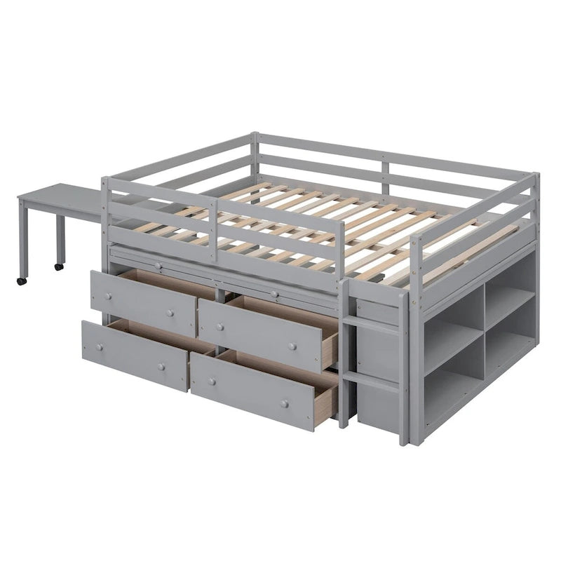 Loft Bed with Retractable Writing Desk and 4 Drawers