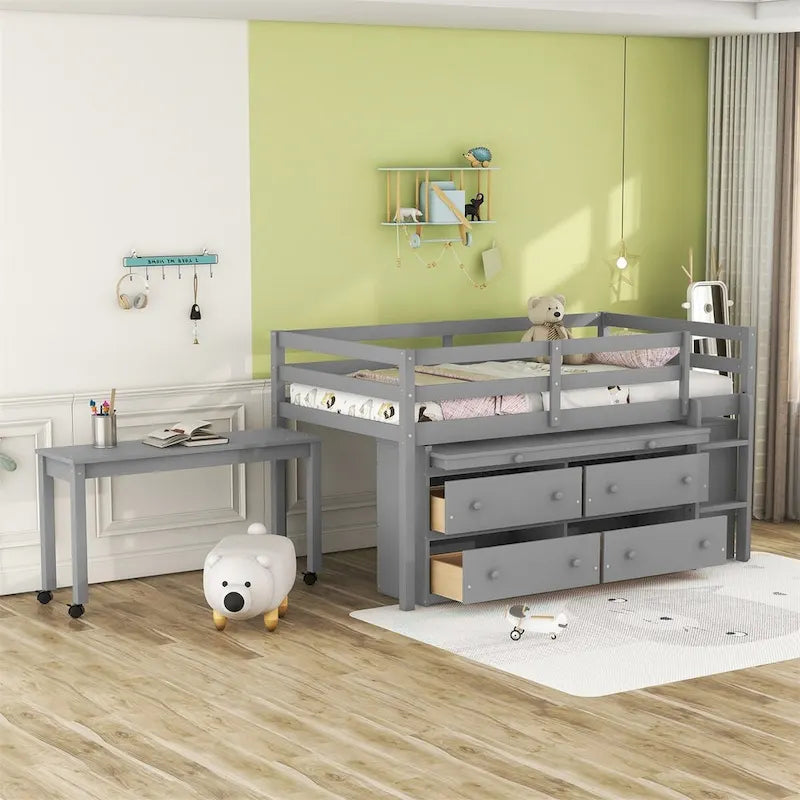 Loft Bed with Retractable Writing Desk and 4 Drawers