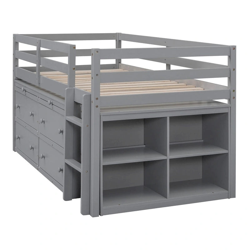 Loft Bed with Retractable Writing Desk and 4 Drawers
