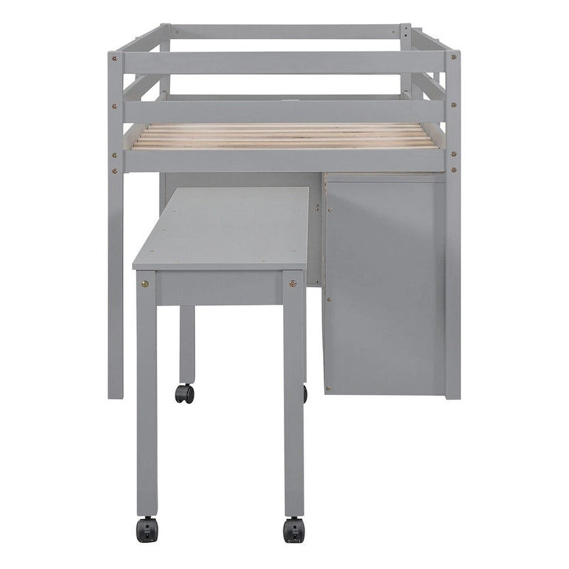 Loft Bed with Retractable Writing Desk and 4 Drawers