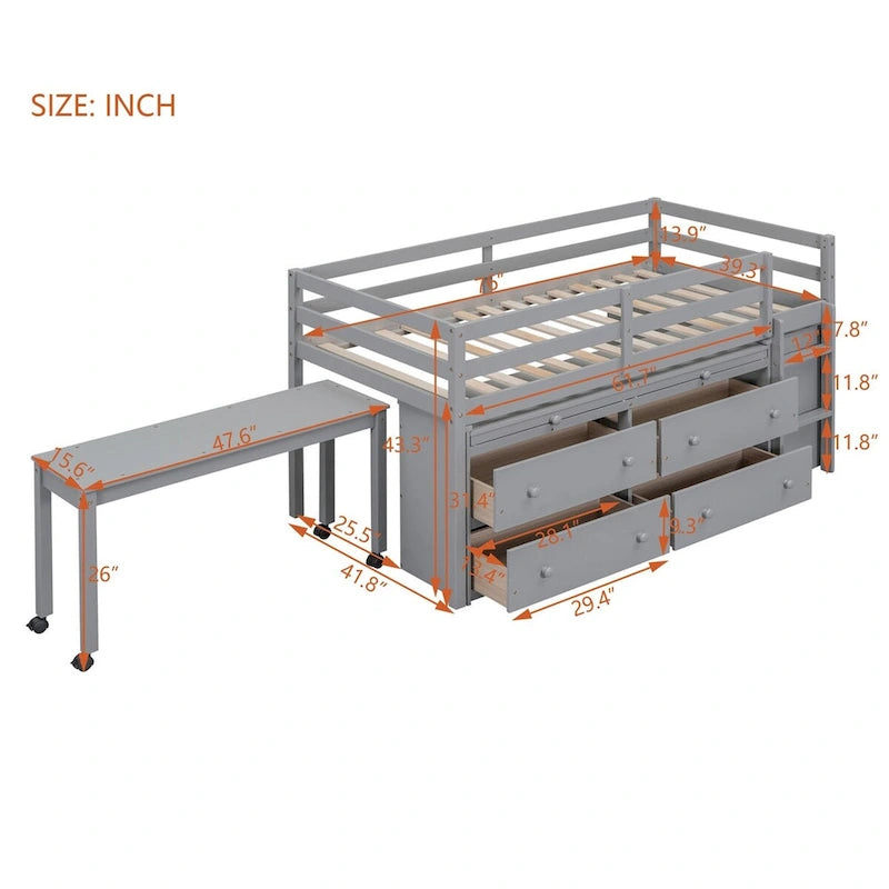 Loft Bed with Retractable Writing Desk and 4 Drawers