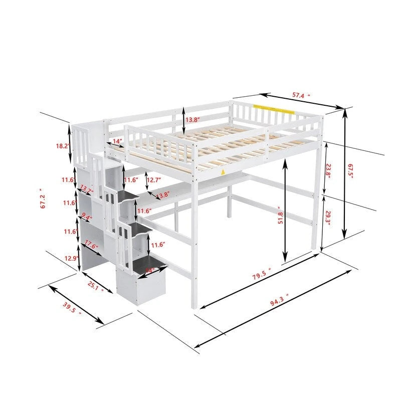 Wood Loft Bed with Built-in Desk,Bookshelves and Storage Staircase,Full Size