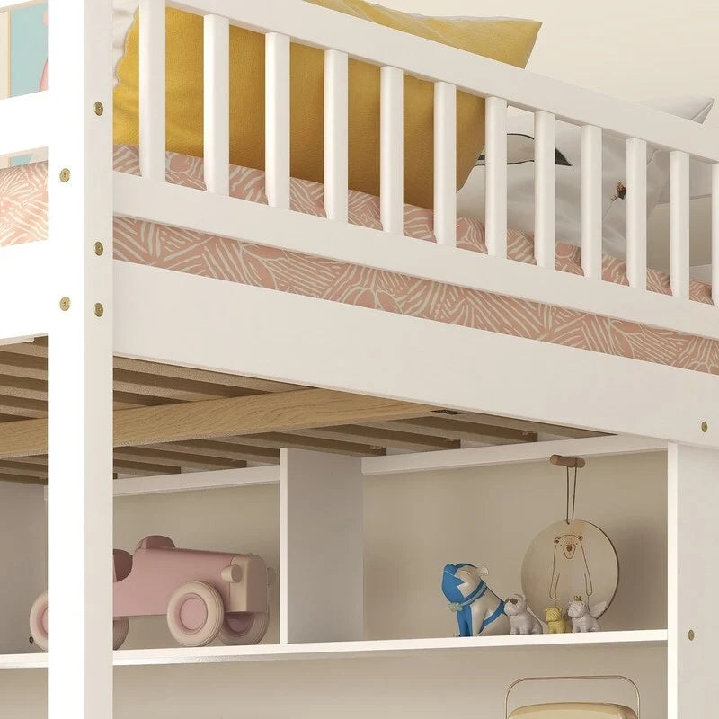 Wood Loft Bed with Built-in Desk,Bookshelves and Storage Staircase,Full Size