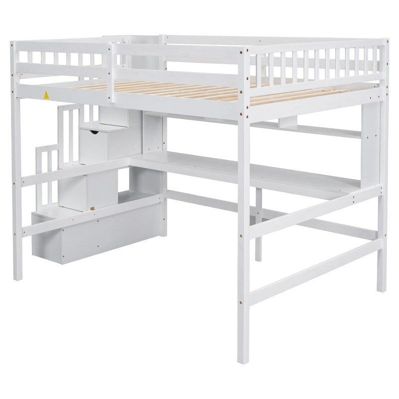 Wood Loft Bed with Built-in Desk,Bookshelves and Storage Staircase,Full Size