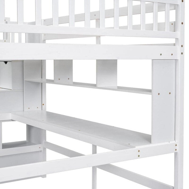 Wood Loft Bed with Built-in Desk,Bookshelves and Storage Staircase,Full Size