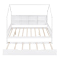 White Full Size Pinewood Kids House Platform Bed with Trundle, Shelf, and Roof