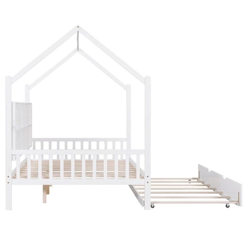 White Full Size Pinewood Kids House Platform Bed with Trundle, Shelf, and Roof