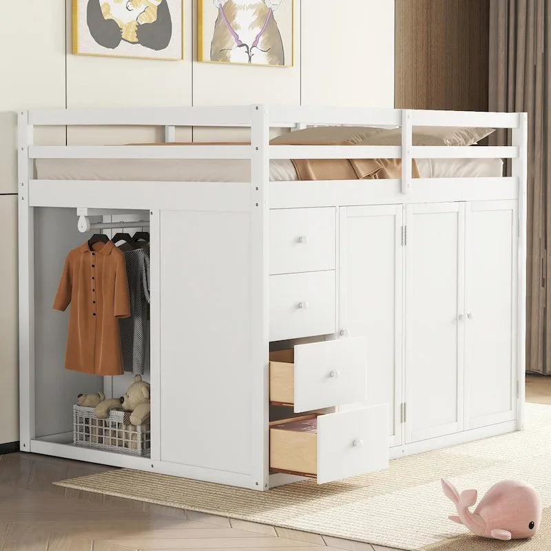 Full Size Wood Loft Bed With Built-in Wardrobes