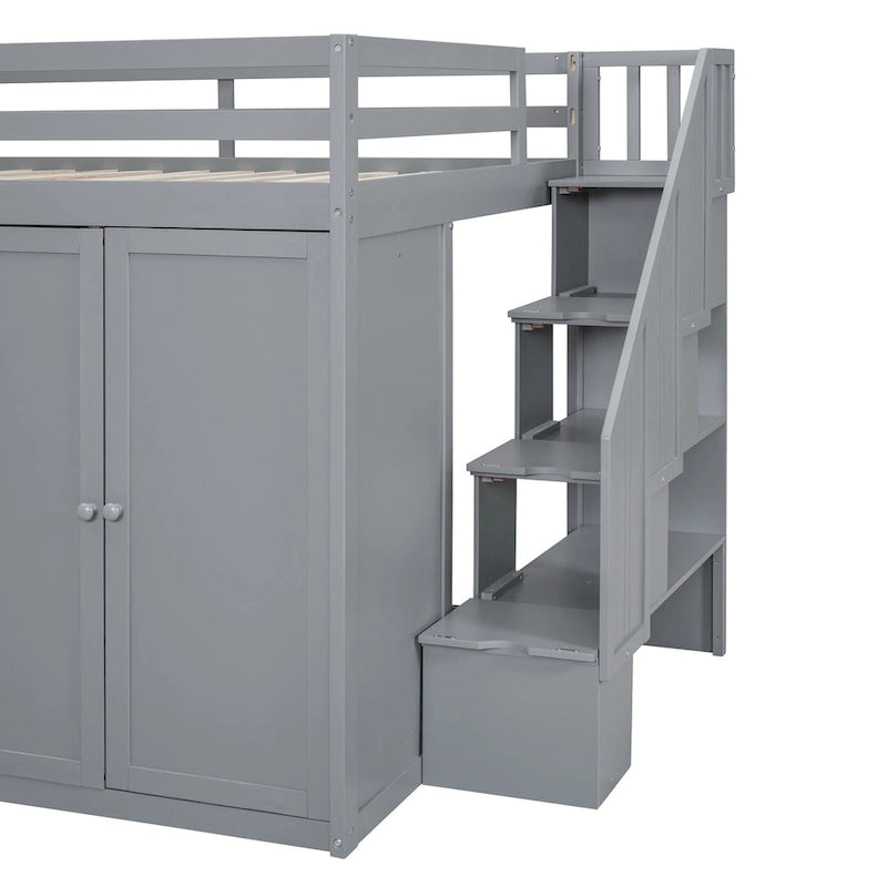 Full Size Wood Loft Bed With Built-in Wardrobes