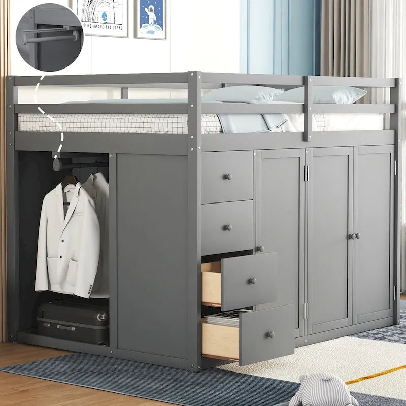 Full Size Wood Loft Bed With Built-in Wardrobes