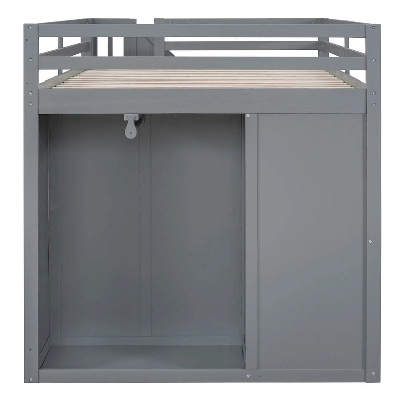 Full Size Wood Loft Bed With Built-in Wardrobes