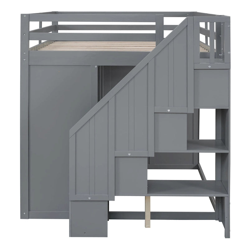 Full Size Wood Loft Bed With Built-in Wardrobes