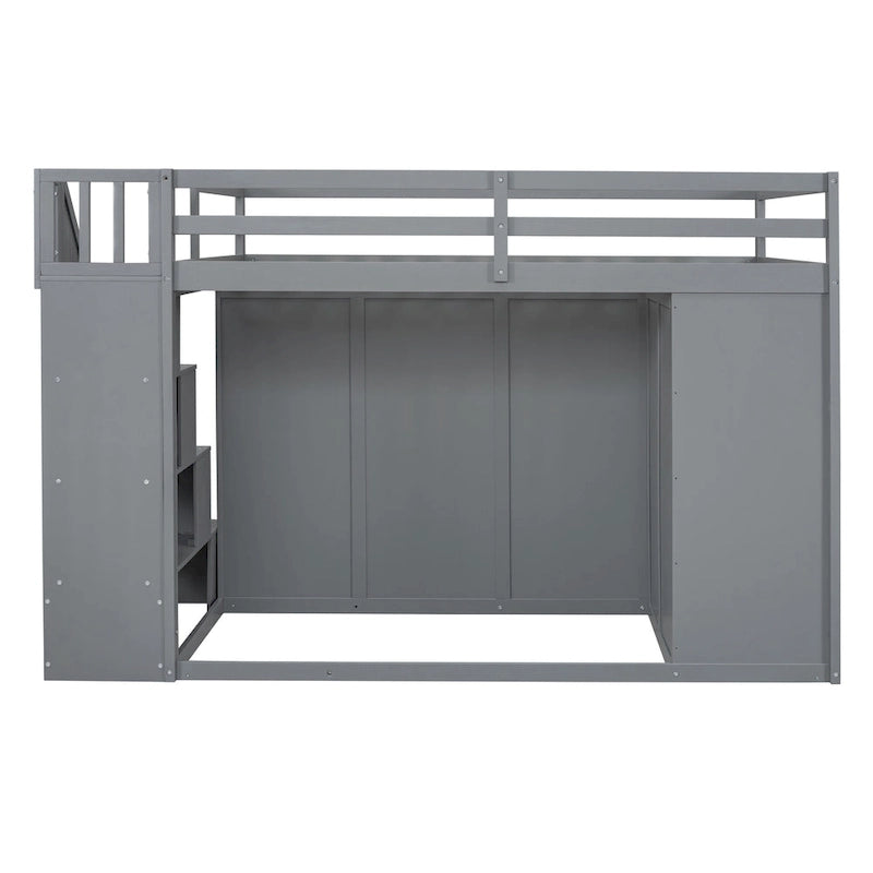 Full Size Wood Loft Bed With Built-in Wardrobes