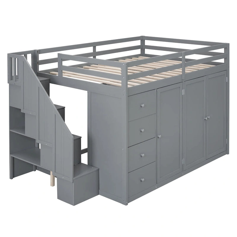 Full Size Wood Loft Bed With Built-in Wardrobes