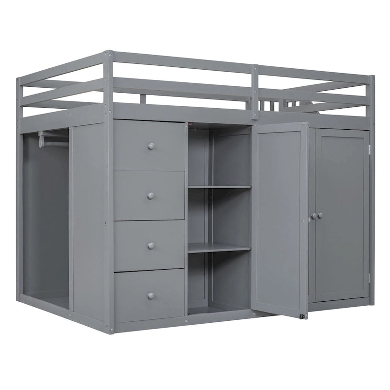 Full Size Wood Loft Bed With Built-in Wardrobes