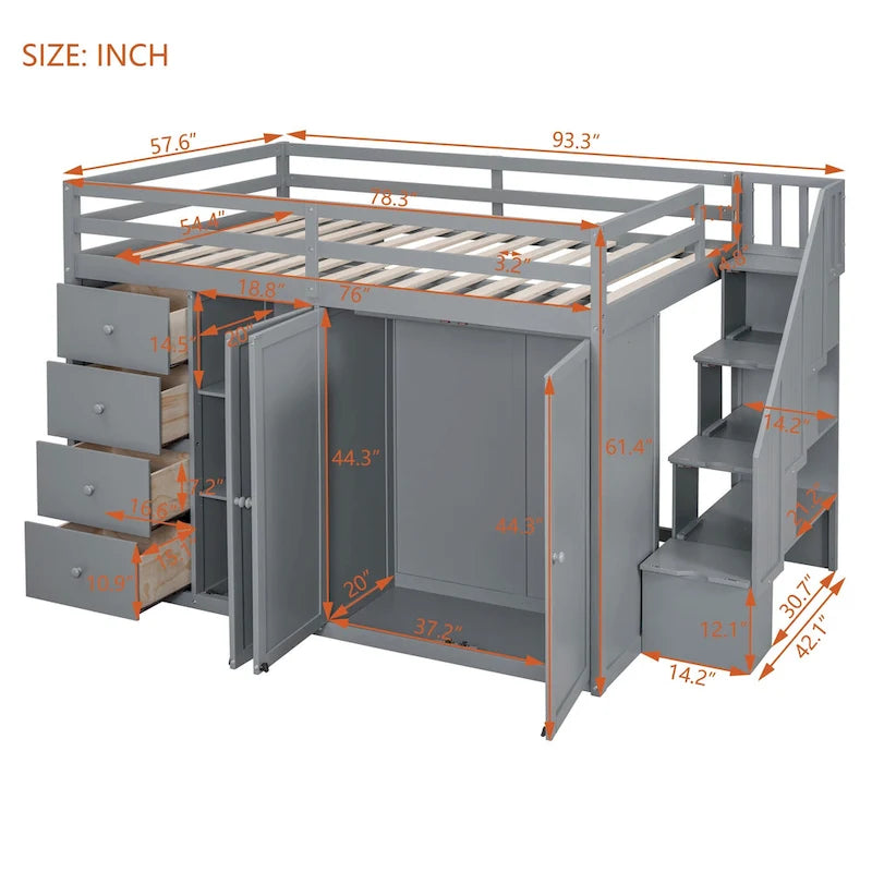 Full Size Wood Loft Bed With Built-in Wardrobes