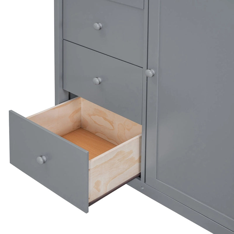 Full Size Wood Loft Bed With Built-in Wardrobes