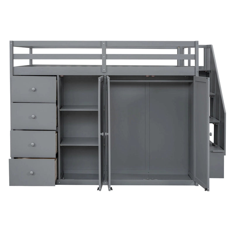 Full Size Wood Loft Bed With Built-in Wardrobes