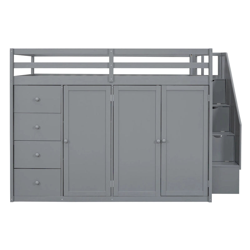 Full Size Wood Loft Bed With Built-in Wardrobes