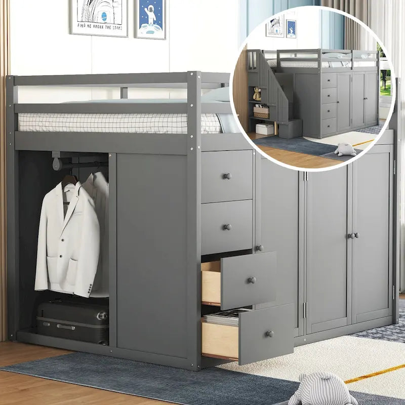 Full Size Wood Loft Bed With Built-in Wardrobes