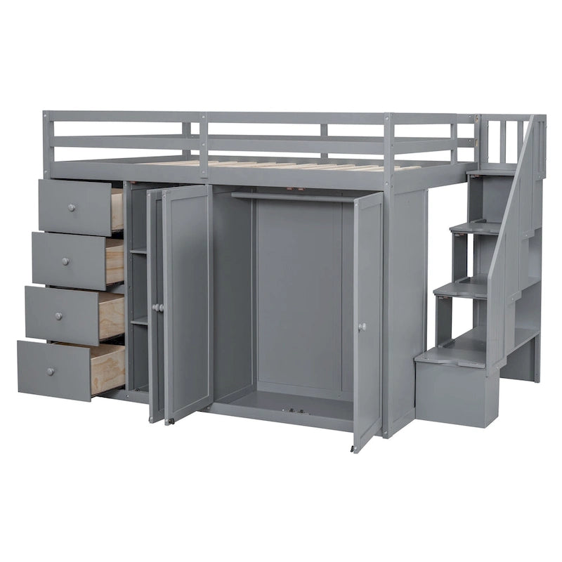 Full Size Wood Loft Bed With Built-in Wardrobes