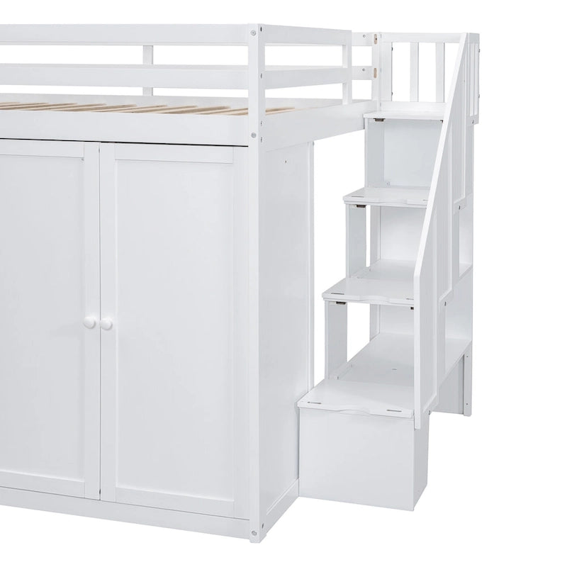 Full Size Wood Loft Bed With Built-in Wardrobes