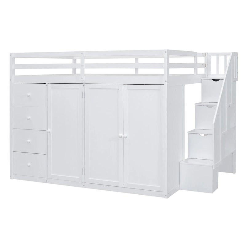 Full Size Wood Loft Bed With Built-in Wardrobes