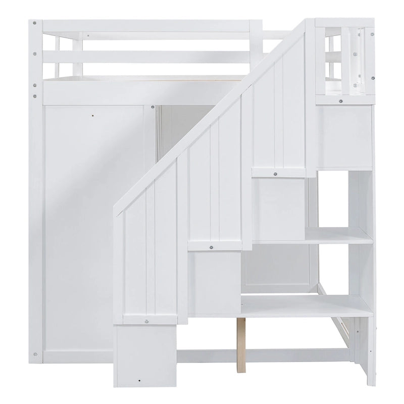 Full Size Wood Loft Bed With Built-in Wardrobes
