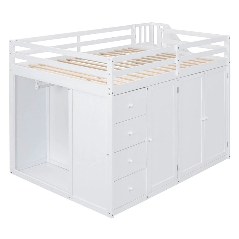 Full Size Wood Loft Bed With Built-in Wardrobes