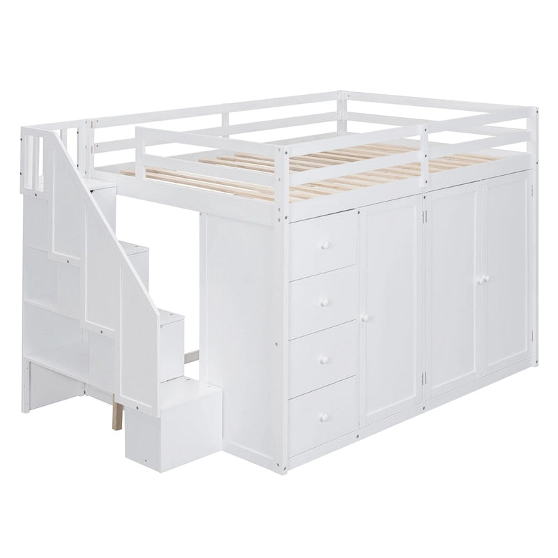 Full Size Wood Loft Bed With Built-in Wardrobes