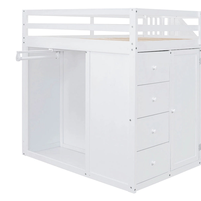 Full Size Wood Loft Bed With Built-in Wardrobes
