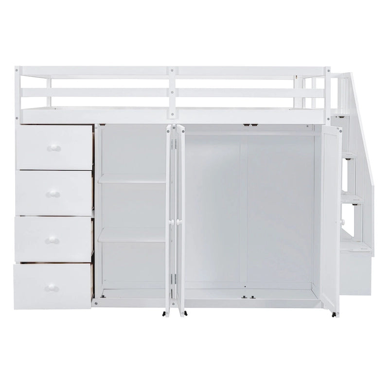 Full Size Wood Loft Bed With Built-in Wardrobes