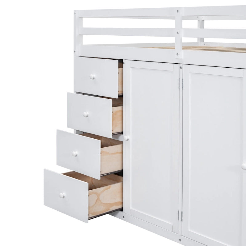 Full Size Wood Loft Bed With Built-in Wardrobes