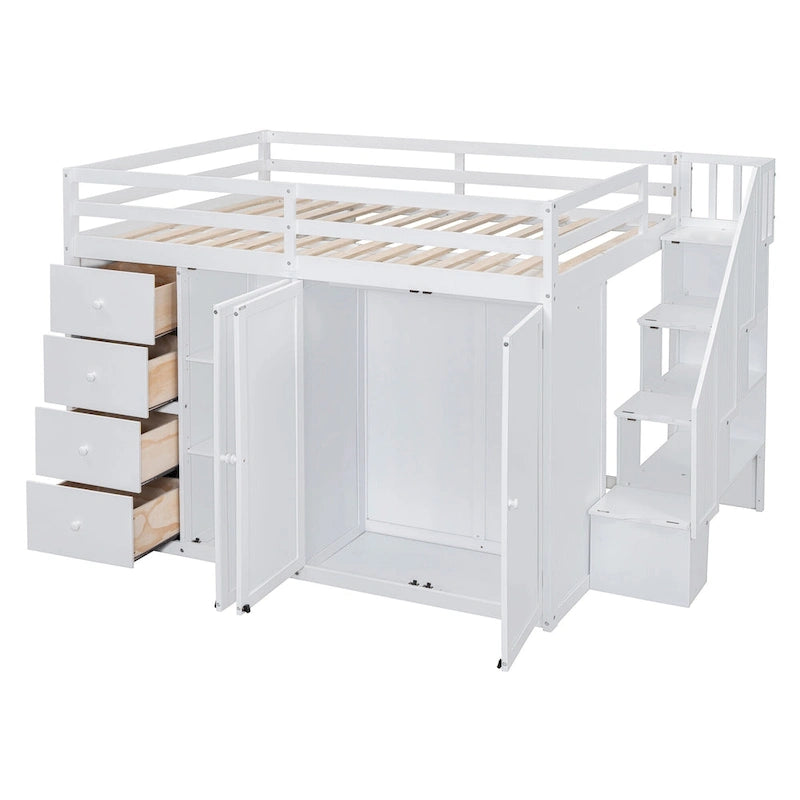 Full Size Wood Loft Bed With Built-in Wardrobes