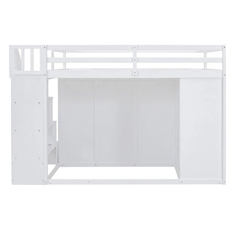 Full Size Wood Loft Bed With Built-in Wardrobes