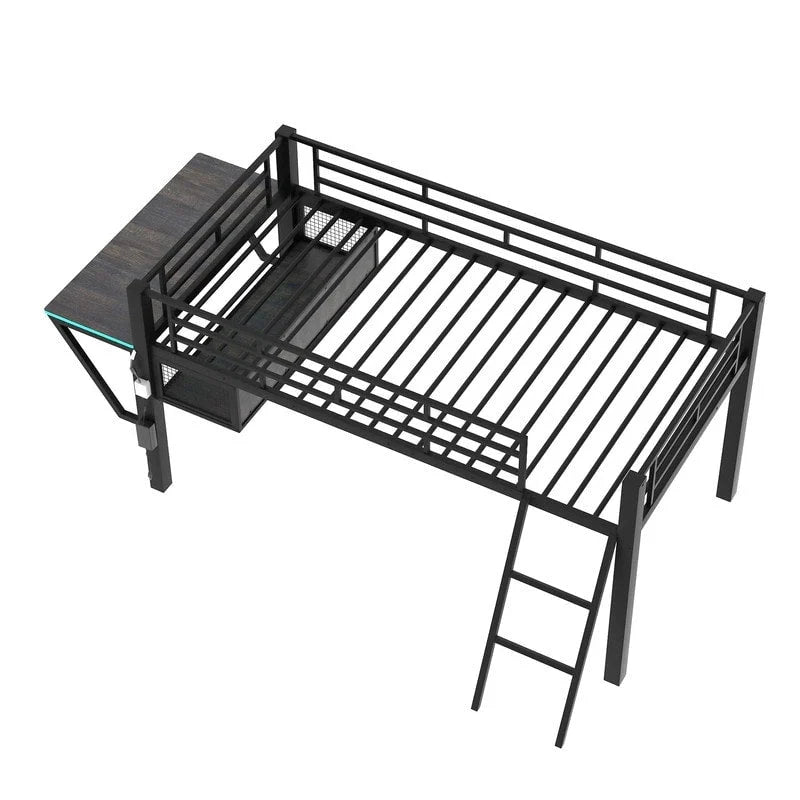 Twin/Full Size Gaming Mid Loft Bed with Gaming Desk and LED Lights, Low Metal Loft Bedframe with Ladder for Kids Teens