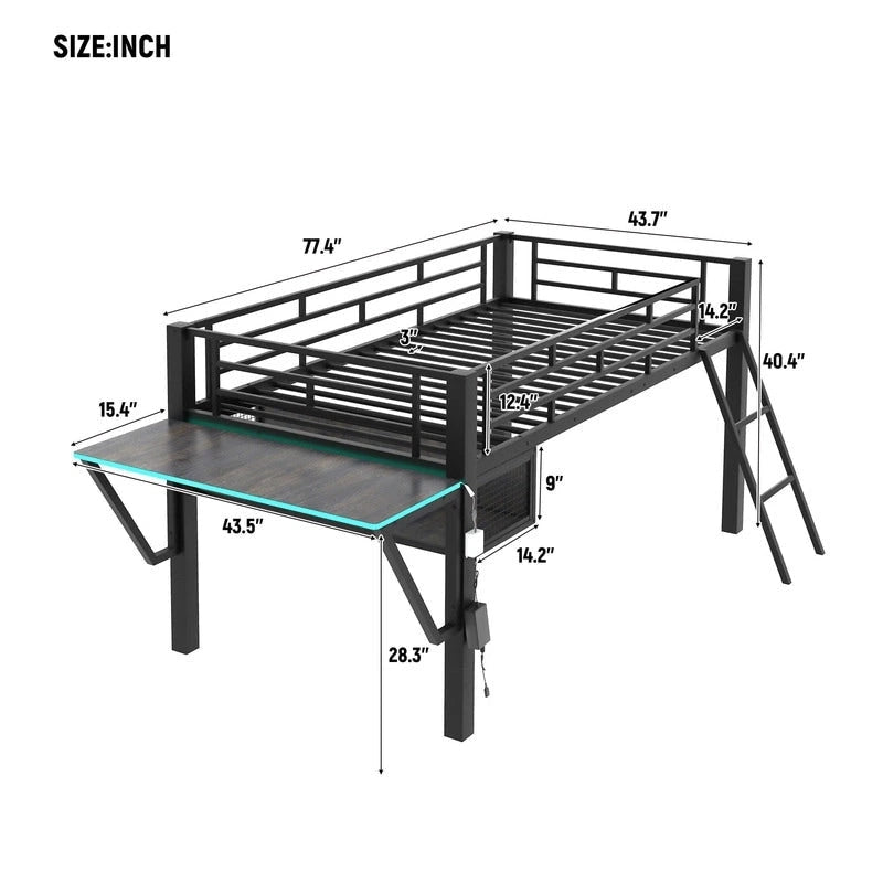 Twin/Full Size Gaming Mid Loft Bed with Gaming Desk and LED Lights, Low Metal Loft Bedframe with Ladder for Kids Teens