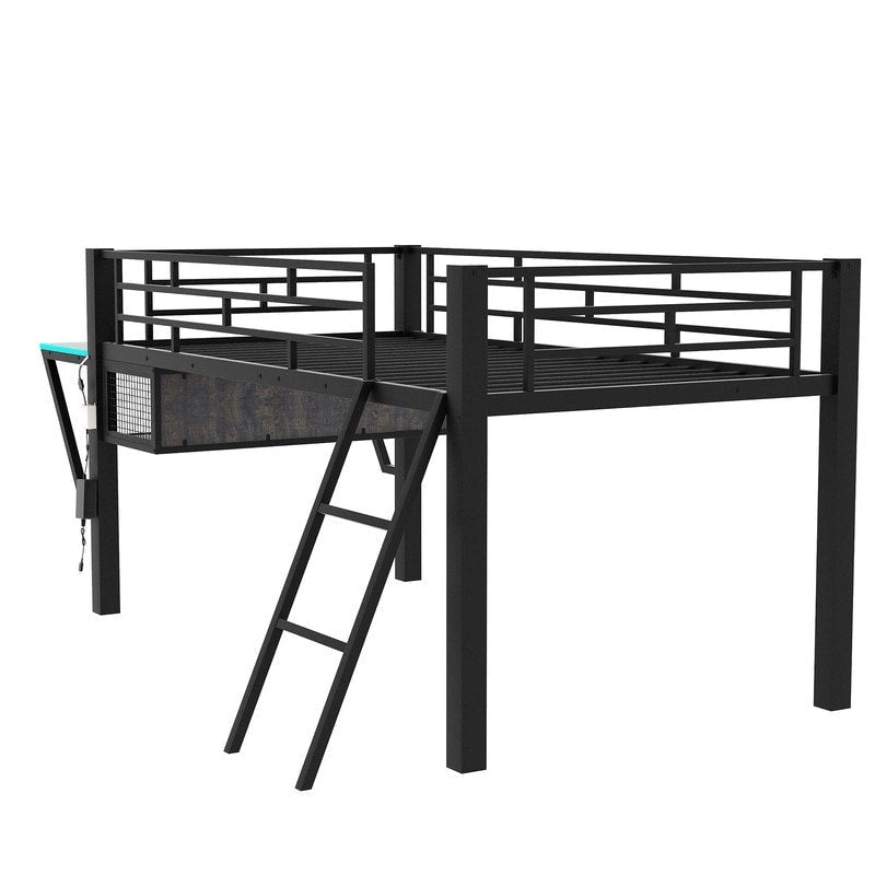 Twin/Full Size Gaming Mid Loft Bed with Gaming Desk and LED Lights, Low Metal Loft Bedframe with Ladder for Kids Teens