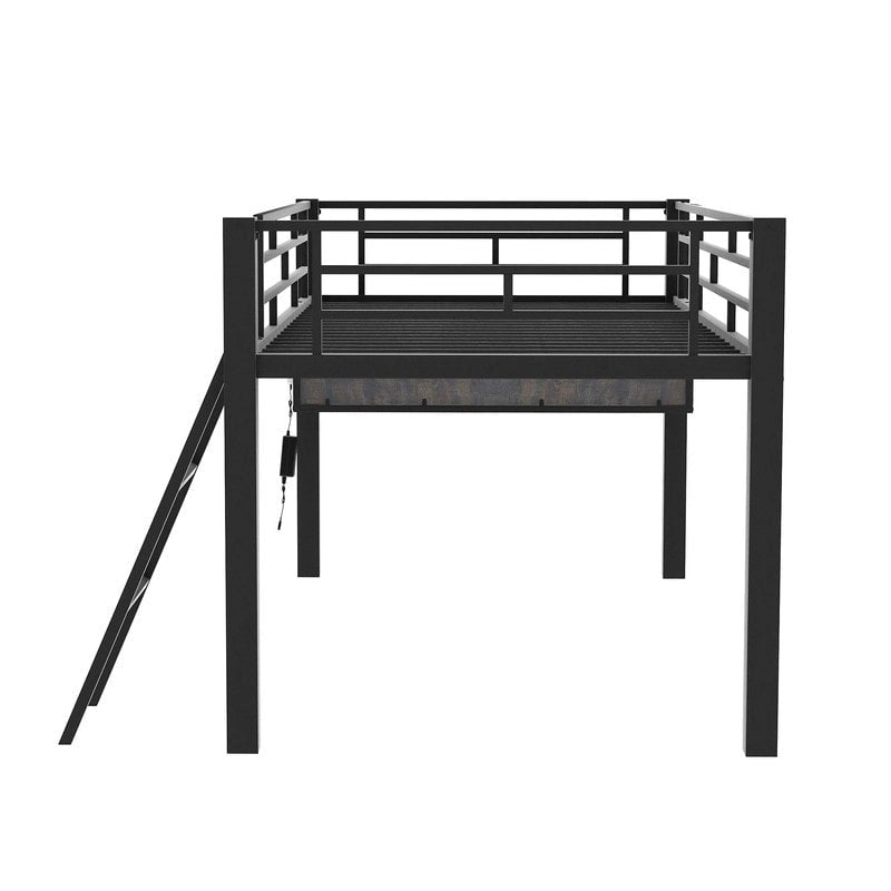Twin/Full Size Gaming Mid Loft Bed with Gaming Desk and LED Lights, Low Metal Loft Bedframe with Ladder for Kids Teens