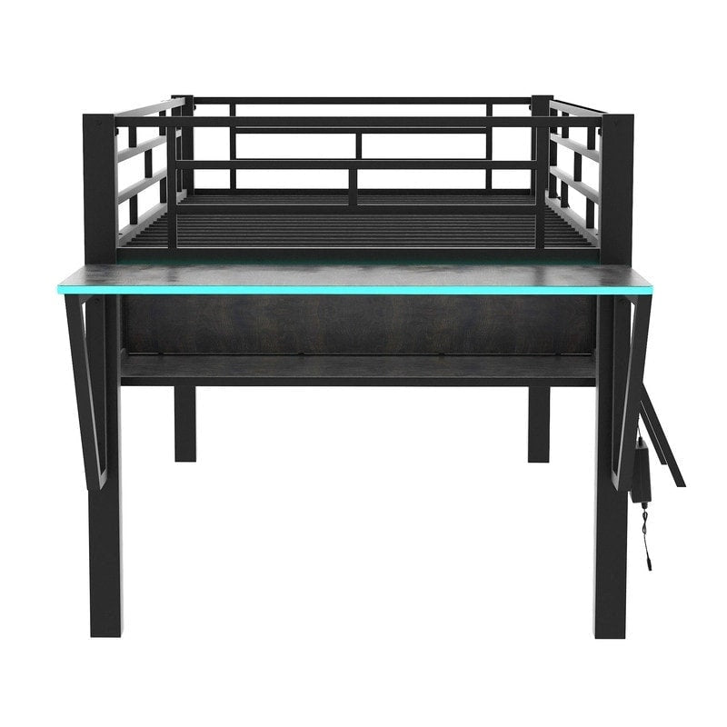 Twin/Full Size Gaming Mid Loft Bed with Gaming Desk and LED Lights, Low Metal Loft Bedframe with Ladder for Kids Teens