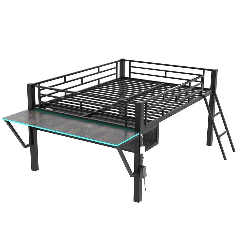 Twin/Full Size Gaming Mid Loft Bed with Gaming Desk and LED Lights, Low Metal Loft Bedframe with Ladder for Kids Teens