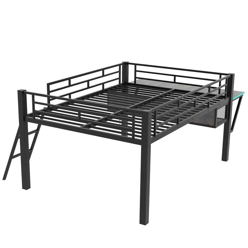 Twin/Full Size Gaming Mid Loft Bed with Gaming Desk and LED Lights, Low Metal Loft Bedframe with Ladder for Kids Teens