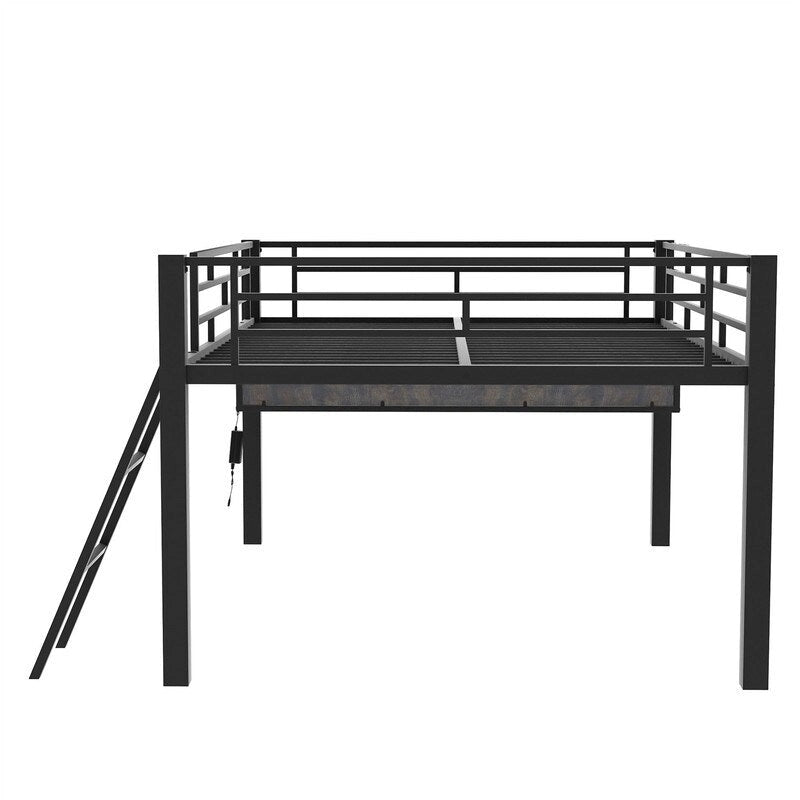 Twin/Full Size Gaming Mid Loft Bed with Gaming Desk and LED Lights, Low Metal Loft Bedframe with Ladder for Kids Teens