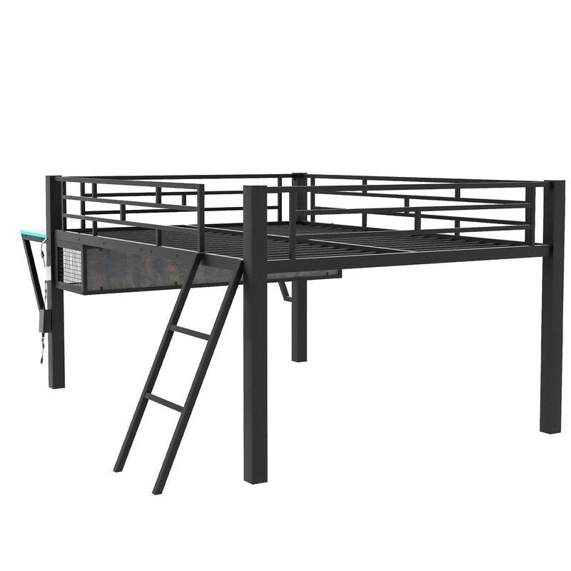 Twin/Full Size Gaming Mid Loft Bed with Gaming Desk and LED Lights, Low Metal Loft Bedframe with Ladder for Kids Teens