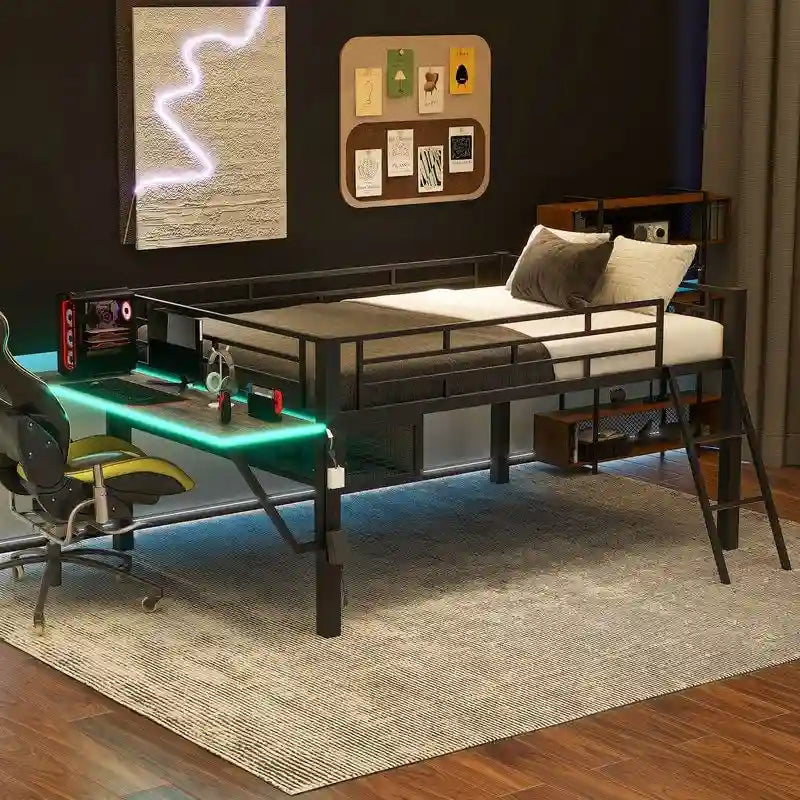 Twin/Full Size Gaming Mid Loft Bed with Gaming Desk and LED Lights, Low Metal Loft Bedframe with Ladder for Kids Teens