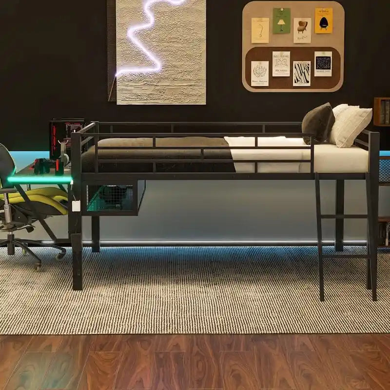 Twin/Full Size Gaming Mid Loft Bed with Gaming Desk and LED Lights, Low Metal Loft Bedframe with Ladder for Kids Teens