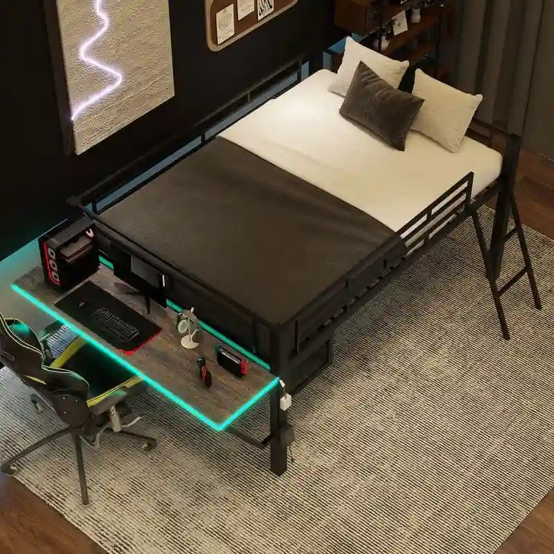 Twin/Full Size Gaming Mid Loft Bed with Gaming Desk and LED Lights, Low Metal Loft Bedframe with Ladder for Kids Teens