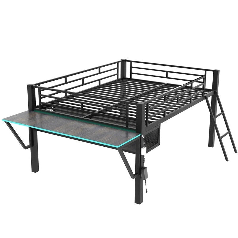 Twin/Full Size Gaming Mid Loft Bed with Gaming Desk and LED Lights, Low Metal Loft Bedframe with Ladder for Kids Teens