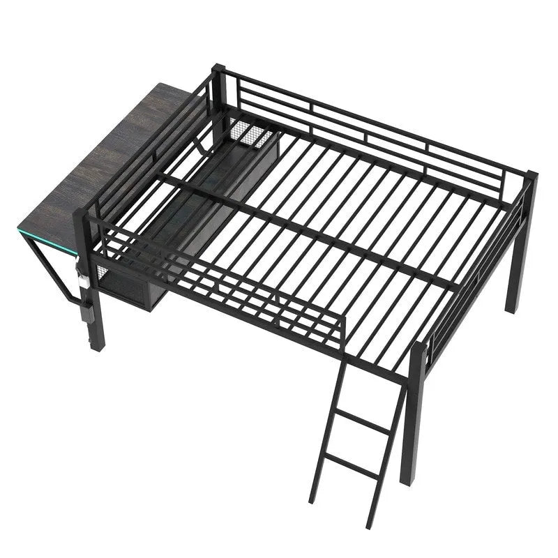 Twin/Full Size Gaming Mid Loft Bed with Gaming Desk and LED Lights, Low Metal Loft Bedframe with Ladder for Kids Teens