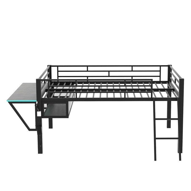 Twin/Full Size Gaming Mid Loft Bed with Gaming Desk and LED Lights, Low Metal Loft Bedframe with Ladder for Kids Teens